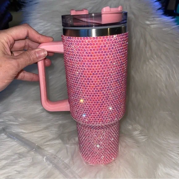 Pink Rhinestone Tumbler Stainless Steel Style 40oz with Handle New - Picture 6 of 15